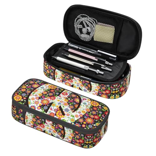 Image of Hippie Flower Peace Pencil Case Organizer Big Capacity Pencil Pouch Stationery With Zipper School Supplies Pencil Bag For Girls Boys Office