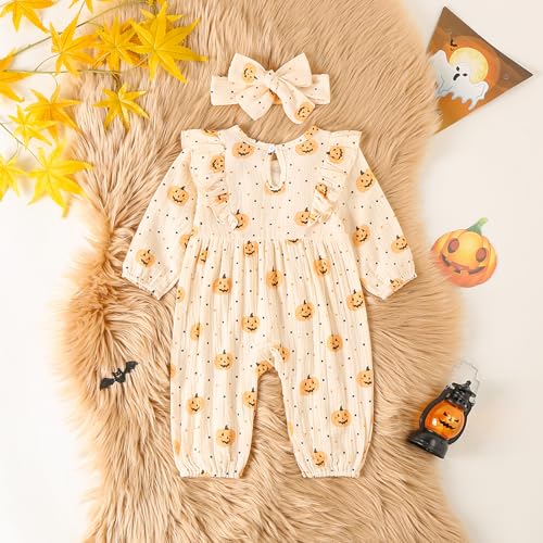 Newborn Baby Girl Halloween Clothes Puff Sleeve Cotton Linen Ruffle Pumpkin Print Jumpsuit Fall One Piece Outfits3