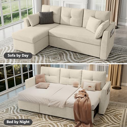 Image of Huatean Home Sleeper Sofa Couch, 2 in 1 Pullout Couch Bed with Storage Chaise, Sectional Sleeper Sofa Bed with Side Pocket for Living Room, Beige