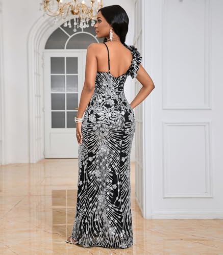 Image of Cololura Women Sexy Elegant Sequin High Split Ruffled Hem Mermaid Party Cocktail Bodycon Formal Evening Gowns Maxi Dress
