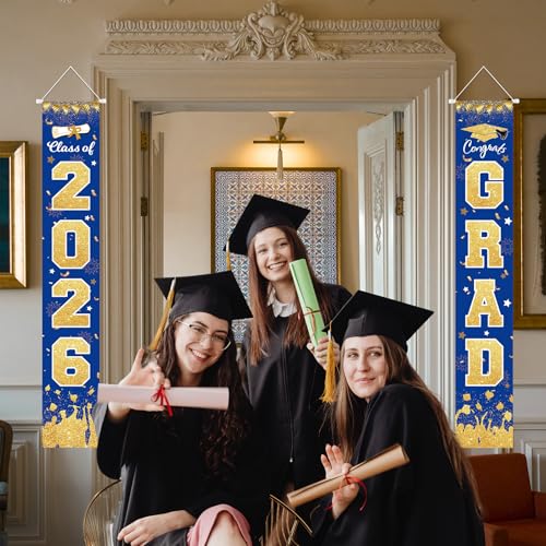 Image of 2026 Graduation Party Decorations - Blue Gold Class of 2026 Congrats Grad Porch Sign Banner Hanging Flag Graduation Party Supplies for School College Classroom Decor