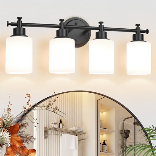 Image of 4-Light Bathroom Vanity Light, Black Vanity Lights for Bathroom, Modern Wall Sconce with White Glass Shades, Anti-Rust Vanity Light Fixture over Mirror, 23 Inch (Bulbs Not Included, E26 Base)