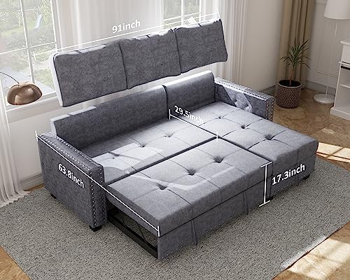 Ucloveria Sectional Sofa Couch, 91" Sleeper Sofa Bed With Reversible Storage Chaise Pull Out Couch Bed For Living Room L-Shape Lounge 2 In 1 Sectional Couch With Pull Out Bed, Delta Gray #TOP3