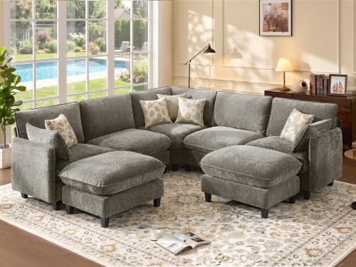 Ihanherry 107" Oversized V-Shaped Modular Sectional Sofa, Cloud Couch with Corner Section, Large Cushions and 2 Movable Ottoman, Chenille Deep Seat Couch for Living Room, Gray