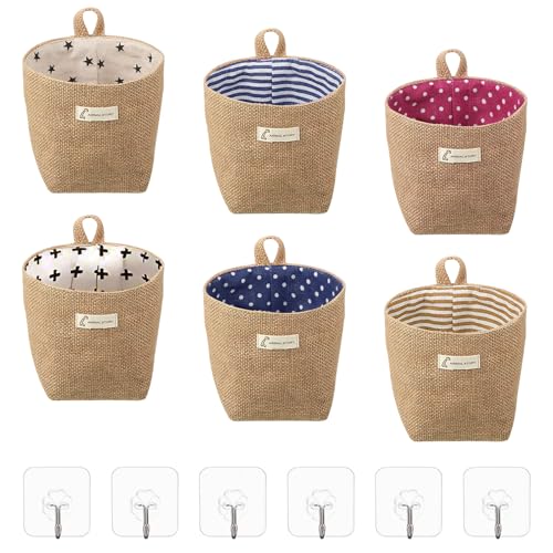 Omevett 6 Pcs Cotton Linen Storage Organiser Bag Small Hanging Storage Baskets Mini Burlap Bags Foldable Storage Basket Bag with Handle Jute Wall Baskets Storage for Toy Makeup Key Small Stuff