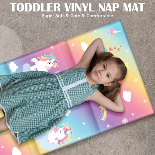 Image of Shellwei Vinyl Nap Mat Kid Preschool Daycare Sleep Mat,Rainbow Unicorn