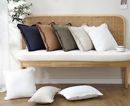 Image of Foindtower Decorative Linen Fringe Throw Pillow Covers Cozy Boho Farmhouse Cushion Cover with Tassels Soft Accent Pillowcase for Chair Sofa Bed Living Room Home Decor, 26x26 Inch, 1PC, Cream White