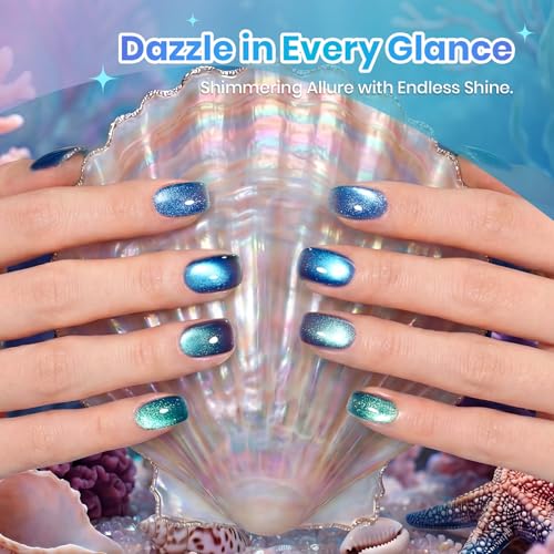 Image of Beetles Cat Eye Gel Nail Polish Set - Lunar Mermaid 6 Colors Summer Gel Nail Polish Kit Glitter Blue Purple Navy Blue Teal Colors Magnetic Shine Soak Off UV Salon DIY Manicure Gift for Women