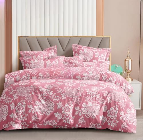 Image of Cotton Bedding Set King Size| 300 TC Double Bed Duvet Cover with Zipper (90x100 in), Double Bed Fitted Bedsheet (72x78+10 in Depth), 2 Pillow Covers (18x28 in) |Warm|DBC 042|Pink Paisley