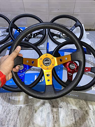 Image of AUTO MT - SPARCO14INCH DEEP Style Universal Steering Wheel for Sports Car Look Rally Race Off Road with BOSS KIT HUB Free (Yellow SPARCO 14 inch Steering Wheel with BOSS KIT HUB)
