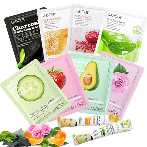 Gesichtsmasken Set Hautpflege, (PAKET VON 8+2) Kollagen-Gesichts Tuchmaske für alle Hauttypen, Feuchtigkeitsspendende Gesichtsmasken Geschenke für Frauen, Männer, Mädchen in Party Spa Hautpflege