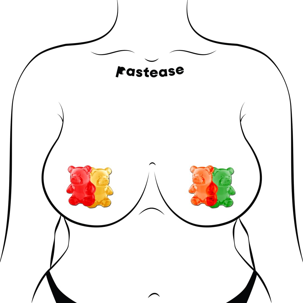 PASTEASE Festival Pasties - Gummy Bear in Red, Yellow, Orange & Green Nipple Covers for Festivals, Raves, & Lingerie | Halloween Costume Accessory | Waterproof & Latex Free