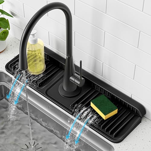 Image of PoYang 17.7 inch Faucet Mat for Kitchen Sink Splash Guard, 7 Slope Silicone Sink Water Splash Guard for Kitchen Sink Area with Snap Button, Long Sink Protectors for kitchen Sink Sponge Holder, Black