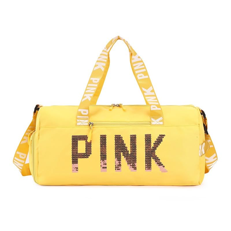 Sparkling Sequin Gym Bag - Yellow, Stylish And Casual Travel Duffel With Separate Shoe Compartment - Large Capacity Carry-on