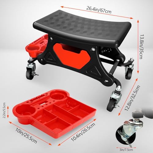 Mechanic Stool with Wheels, 264 LBS Load-Bearing Garage Stool, Heavy Duty Rolling Mechanics Seat, with Three Slide Out Tool Trays and Drawer, Tools for Automotive Auto Repair