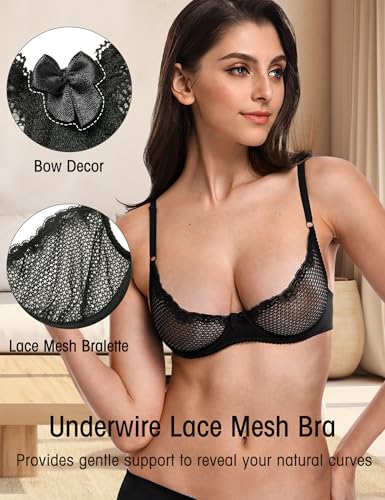 Image of Wingslove Women's Sexy 1 /2 Cup Lace Bra Balconette Mesh Underwired Demi Shelf Bra Unlined See Through Bralette