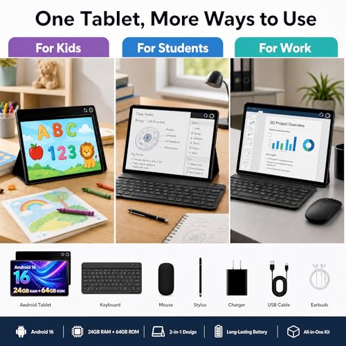Image of Jeazans Android 16 Tablet 10.1 Inch, 2-in-1 Tablet Bundle with Keyboard, Wireless Mouse, Stylus, Leather Case, Dual Camera, 64GB Storage+1TB Expansion, Portable Laptop for Students & Business