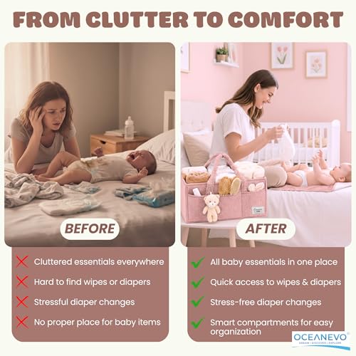 Image of OCEANEVO Fur Diaper Caddy Organizer Bag | WITH Diaper Changing Mat, Bag Charm and Luggage Tag | New Born Baby Essentials | For Mothers for Travel - 38 x 25 x 18 cm - Pink - 1 Year Warranty