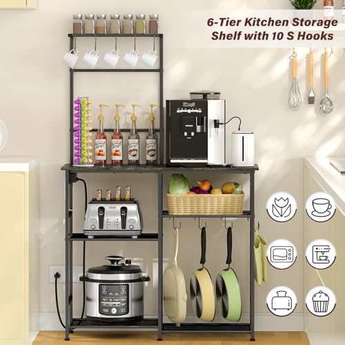 3IngSeagulls Bakers Rack with Power Outlet, Kitchen Microwave Stand with 10 S-shaped Hooks, 6-Tier Coffee Bar Station, Kitchen Storage Shelf Rack for Spices, Pots, Gray - view 3