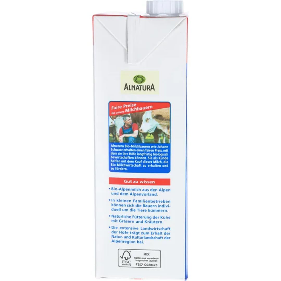 Milch Alnatura fettarme H-Milch 1,5% Fett Haltbare Milch Alpenmilch Milch, je 1 Liter, 24 Stück
