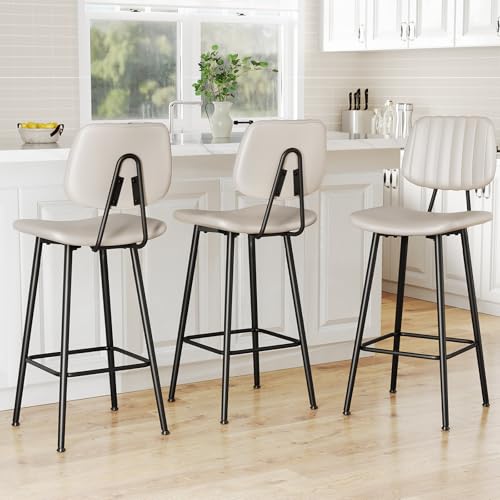 Image of Raynesys 29-Inch Leather Bar Stools Set of 3 with High Backrest, Beige