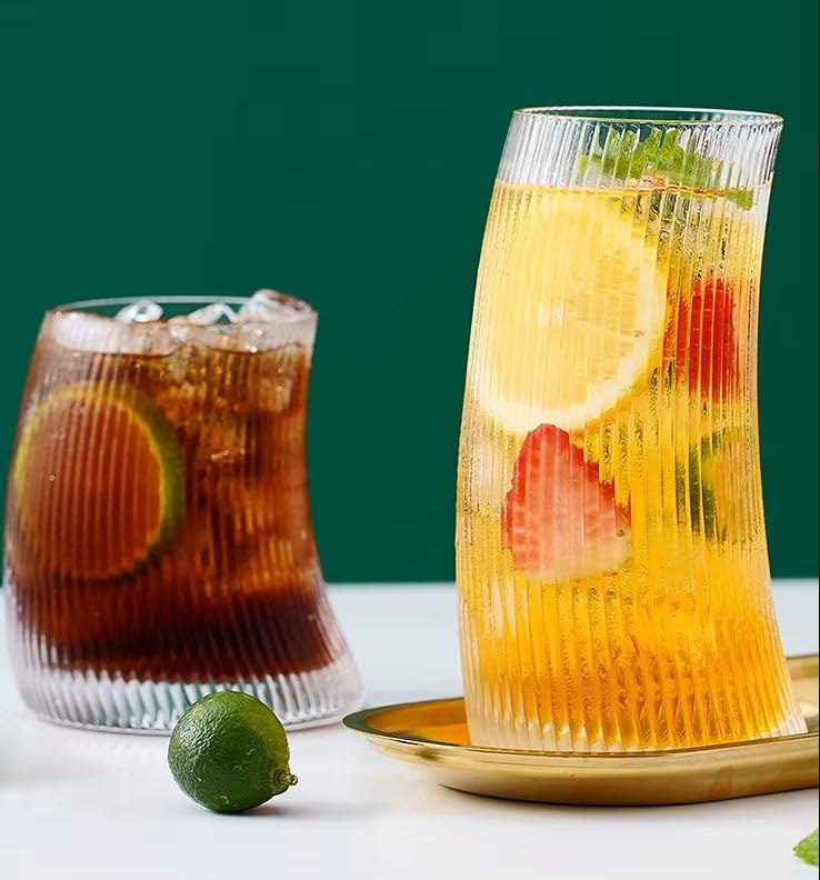 Image of Ribbed Juice Glass Set of 6-450 ML Drinking Glasses Highball Tumbler Glass for Water Cocktail Iced Coffee Beer and Mixed Drinks Transparent Home Kitchen Bar