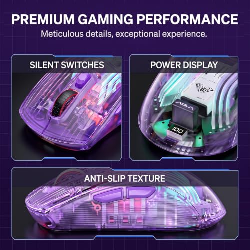 Image of RGB Magnetic Charging Dock Gaming Mouse, 12K DPI, PAW3311 Sensor, Tri-Mode Wireless, 6 Programmable Buttons, Ultra-Light 72g for PC /Mac (Purple- Transparent)