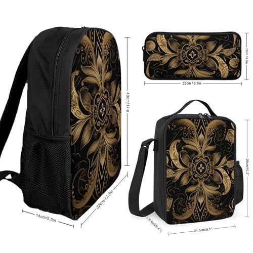3 Piece Backpack for Women Men Lightweight Causal Daypack Shoulder Bag Set with Insulated Lunch Bag And Pencil Case Organizers Black And Golden Pattern2