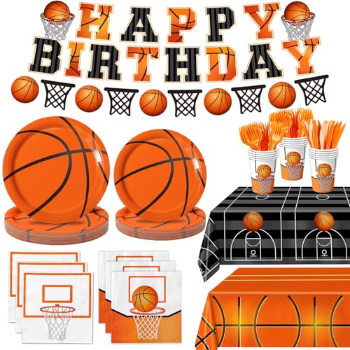 QIYANPAX 147 PCS Basketball Party Decorations - Basketball Party Supplies - Plates Napkins Cups Cutlery Banner Tablecloths for Birthday Party Decorations Serves 24