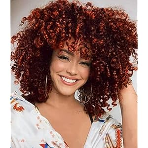 Colourfulpanda Afro Peluca Ombre Auburn Sintético Kinky Curly Cabello natural para mujeres, Kinky Curly Peluca con flequillo Pelucas cortas para damas negras (Ombre Red Brown)