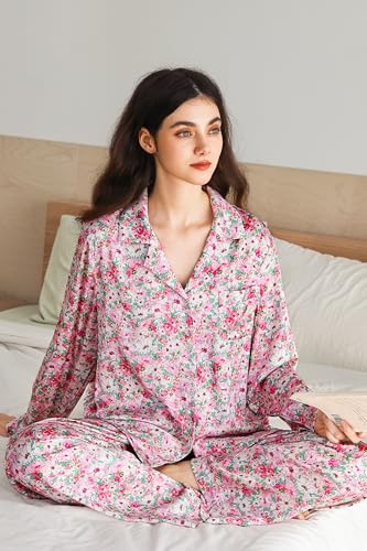 Image of YiNi LuLu Womens Silk Satin Pajamas Set Button Down 2 Piece Pjs Long Sleeve Oversized Sleepwear with Pockets