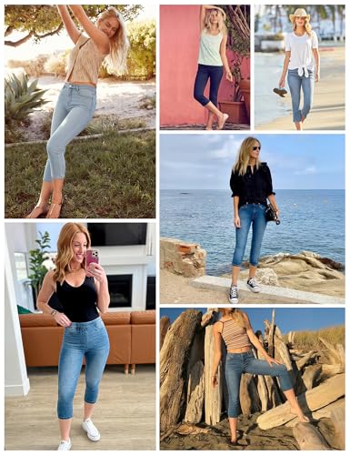 Heathyoga Capri Jeans for Women Stretchy Pull On Jeggings for Women Denim Jean Capris Pants Capri Leggings with Pockets Light Blue