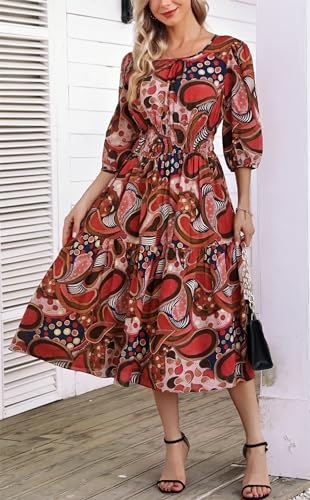 Image of Kormei Women Casual Boho Floral Round Neck 3 /4 Sleeve Smocked Waist A Line Tiered Flowy Swing Midi Long Dress L Brown /Red Floral