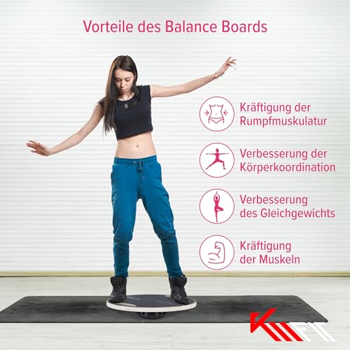 KM-Fit Balance Board rund | Therapie-Kreisel aus Holz | Gleichgewichtstrainer mit Handgriffen | Indoorboard, Wackelbrett für Koordinationstraining | Kraft- & Gleichgewichtstrainer