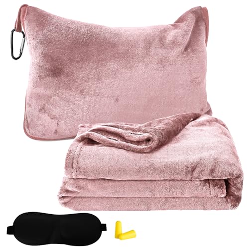 Bocguy Reisedecke Ultraleicht, 2 in 1 Verwandlungskissen, Travel Blanket Reise Gadgets mit Schlafmaske und Ohrstöpsel, Tragbare Dünne Decke für Camping, Geschäftsreisen (Rosa)