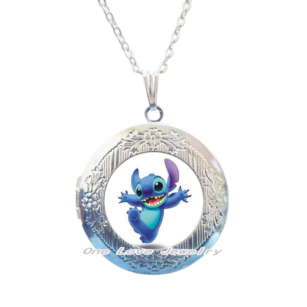 LAWNPGNew Cartoon Handmade Fashion Jewelry Blue Stitch Locket Necklace Glass Dome Pendant Locket Necklaces Gifts,TAP182