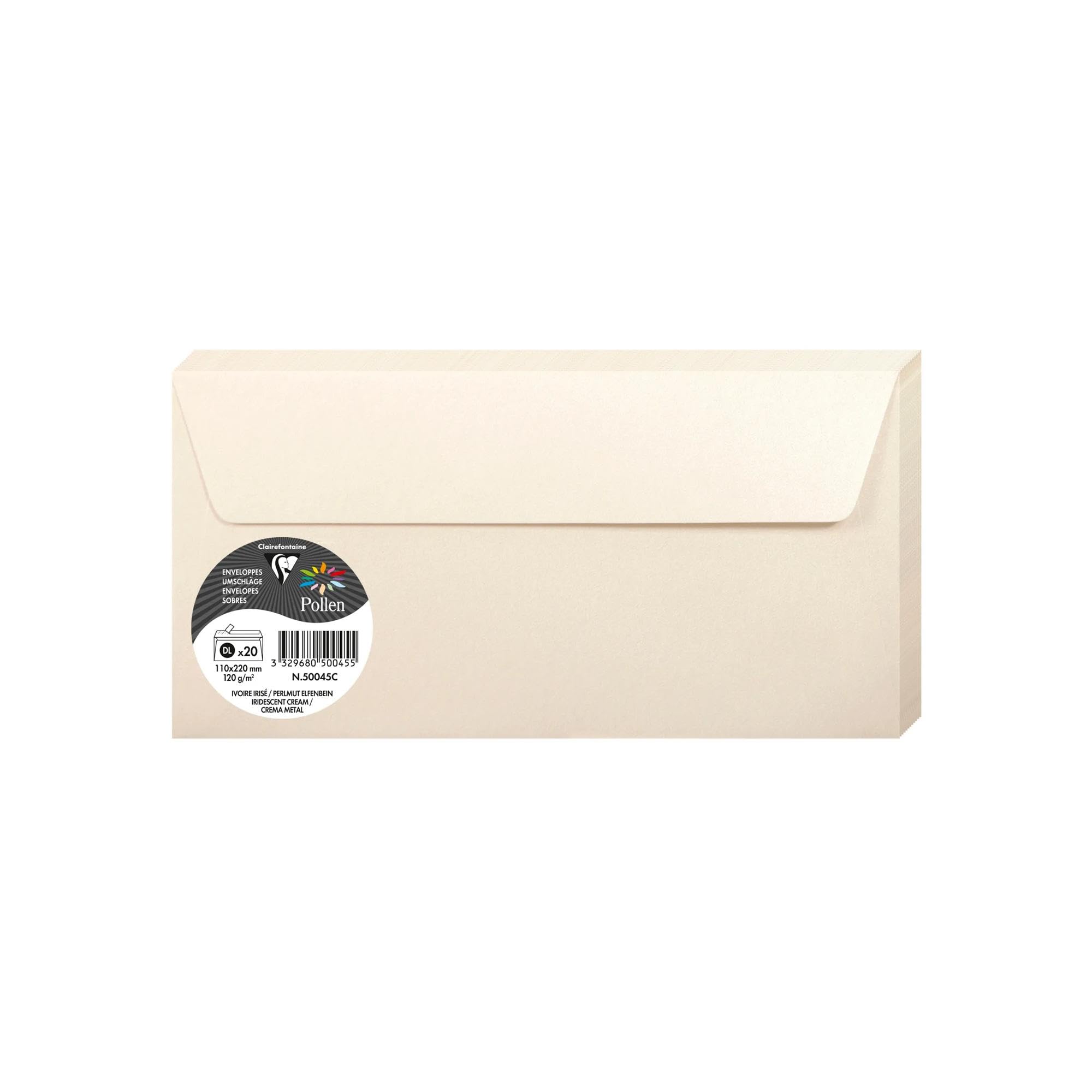 Clairefontaine 50045C Iridescent Cream Paper Pack of 20 Self-Adhesive Envelopes DL 11x22cm 120gsm Invitation Events Correspondence Pollen Range Premium Smooth
