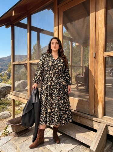 Image of TIYOMI Womens Plus Size Dresses Fall Long Sleeve Maxi Dresses V Neck Floral Spring Party Dress with Pockets XL-5XL (14W-28W)