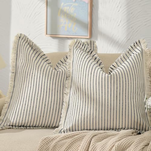 Image of ZWJD Throw Pillow Covers 24x24 Set of 2 Striped Pillow Covers with Fringe Chic Cotton Decorative Pillows Square Cushion Covers for Sofa Couch Bed Living Room Farmhouse Decor, (Navy)