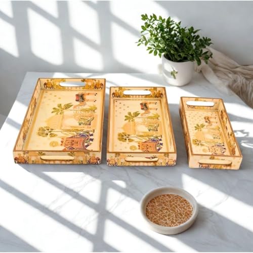 Image of Wooden Serving Tray with Gold Engraving | Set of 3 | Size : 16 x 10 inch, 14 x 8 inch & 12 x 6 inch | Enamel Coated Waterproof | Rectangular | Decorative Trays | Royal Camel and Elephant Set