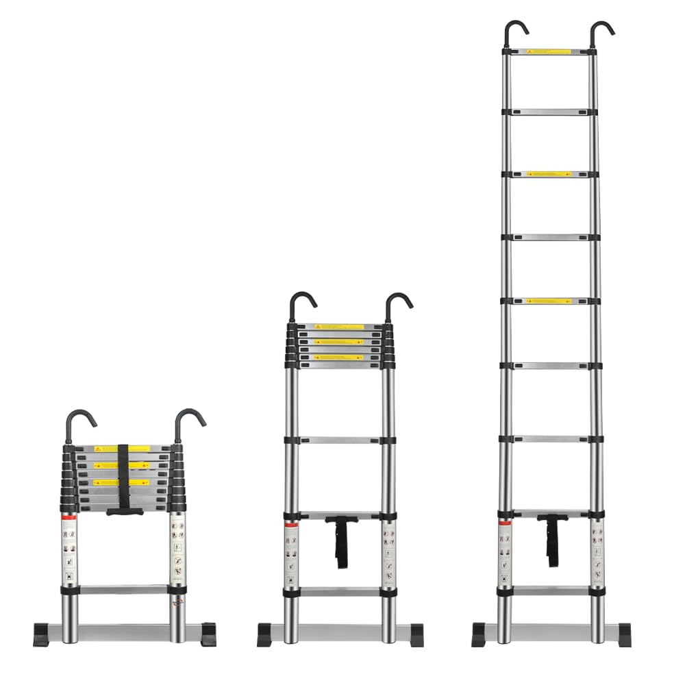 Multibao Telescopic Ladder 2.6M 8.5FT Aluminium Extension Loft Ladder with Stabilizer Bar and Detachable Hooks, Multi Purpose Extendable Portable Folding Ladders, EN131 (2.6M/8.5FT)