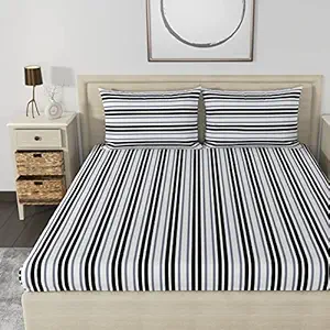 HUESLAND by Ahmedabad Cotton 186 TC King Size Bedsheet Cotton with 2 Pillow Covers | 108x108 inch | Stripes Black & Grey