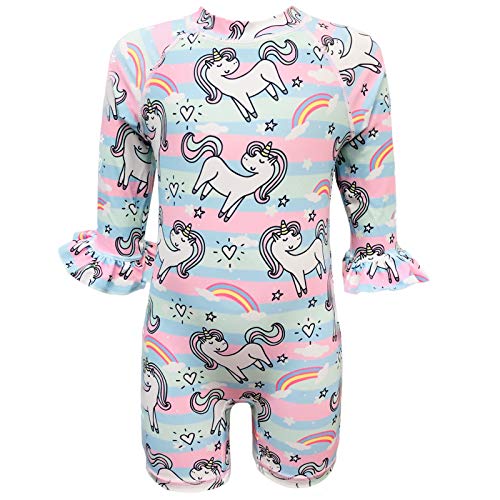 Toddler Girls Unicorn Rash Guard 1-Piece Swimsuit Baby Cartoon Bathing Suit Kids Beach Swimwear Sunsuit with Hat UPF 50+ Blue