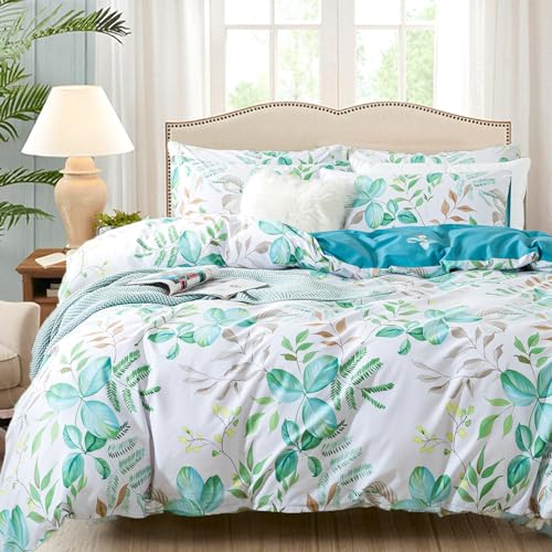 FADFAY Botanical Duvet Cover Set Twin XL 100% Cotton College Bedding Teal Green Leaves Print Comforter Cover Set Soft Breathable Dorm Room School Bedding Twin Extra Long with Zipper 3 Pieces