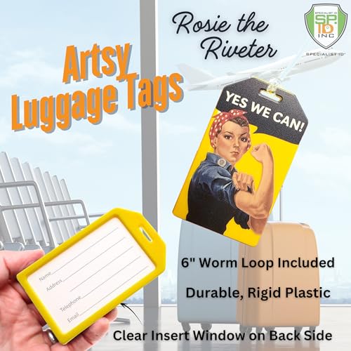 Image of 2 Pack - Rosie the Riveter inchYes We Can inch Luggage Tags with Plastic Loop & Contact Display - Iconic Travel ID Tag for Suitcases, Bags & Backpacks - Patriotic Feminist Empowerment Design Travel Accessory