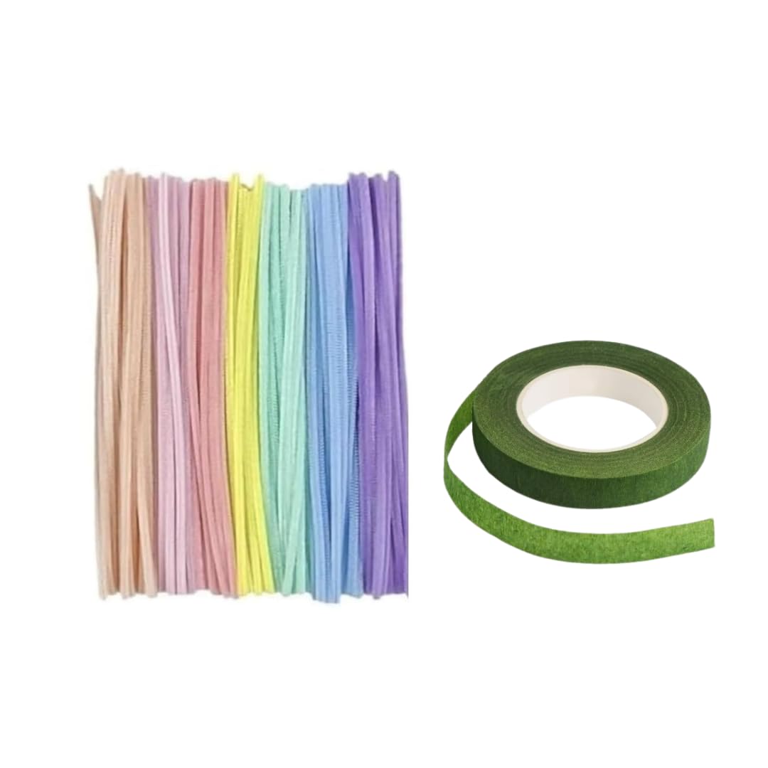 100 pcs Pastel Pipe Cleaners (Chenille Stems) with Green Floral Tape for DIY Crafts, Flower Making, Kids Art & Craft, School Projects, Decoration Supplies (Multi Color Pack)-image-16