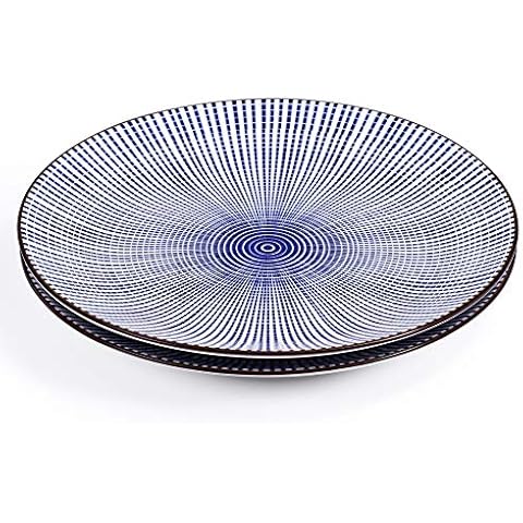 Round plate (2 pieces), porcelain plate, meat plate, dinner plate, sushi plate, made of gemstone, 26.5 cm, with blue/white Japanese Tokusa stripe pattern Cover