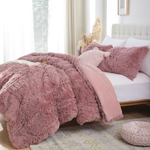Smoofy Fluffy Twin Comforter Set, Faux Fur Comforter Set, Luxury Fuzzy Twin Bedding Set, Soft Shaggy Bed Set for All Season, 2 Pieces - 1 Comforter & 1 Pillowcase, Violet Pink