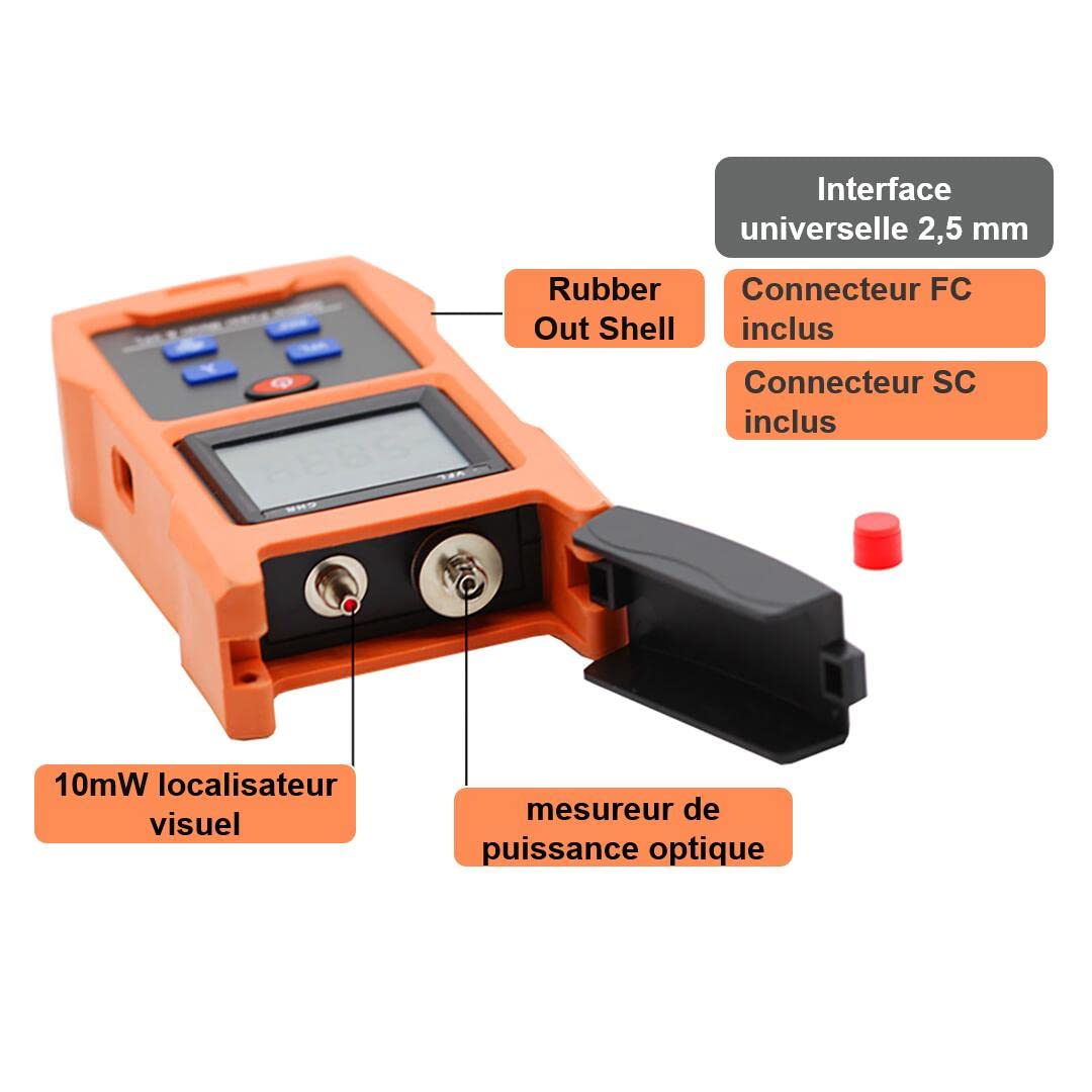 2 en 1 Testeur de fibre optique alimenté par batterie rechargeable Compteur de puissance optique -70~+10dBm avec localisateur visuel de défauts VFL