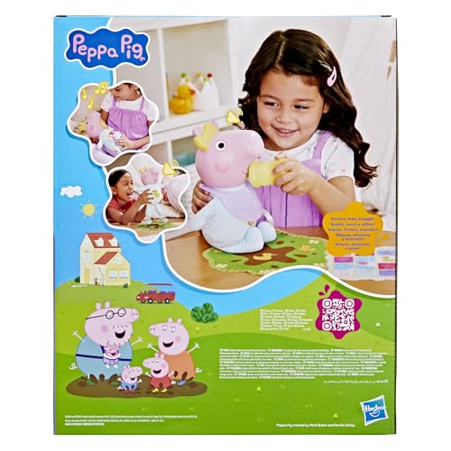 Peppa Pig Gros Câlins Evie, Poupée Interactive, Jouet Interactif et Créatif pour Filles 28 cm avec 20 Sons (Rires, Groin-Groin), Accessoires Inclus, Poupées Dès 3 Ans